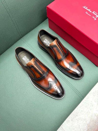 Ferragamo Black and orange calfskin Leather Shoes-Ferragamo Man Business Leather Shoes